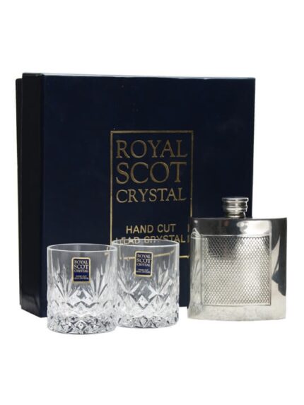 Royal Scot Pair of Shot Glasses with Pewter Hipflask Gift Set